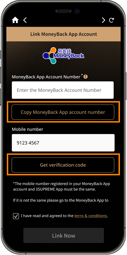 link up MoneyBack App account step 3