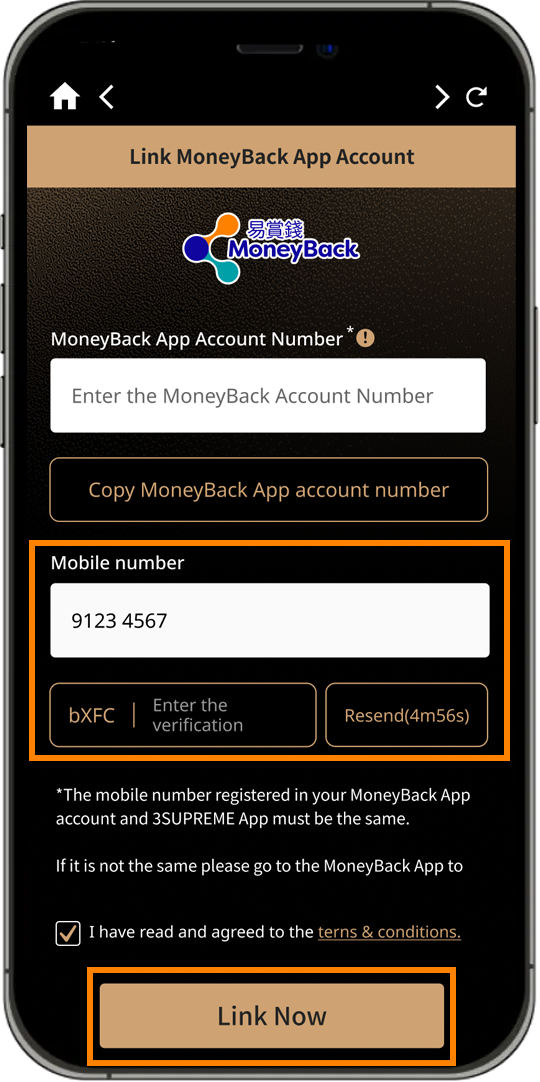 link up MoneyBack App account step 4