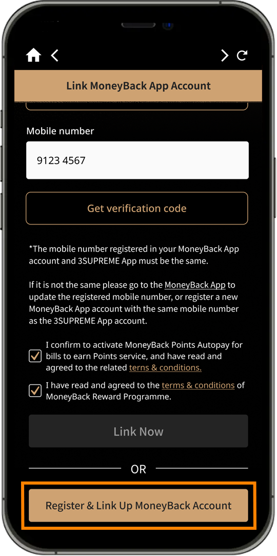 link up MoneyBack App account step 2