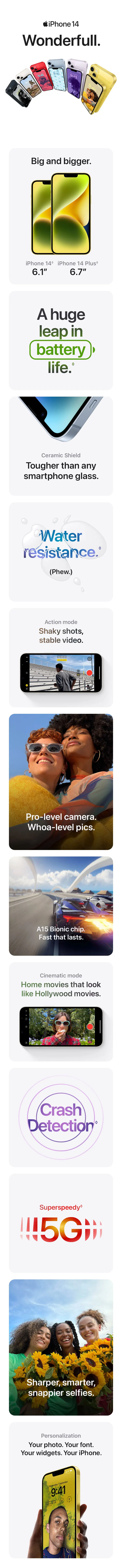 Introducing the iPhone 14 Plus & iPhone 14, with an whole new safety detection system, upgraded A15 chip and camera, battery enhancement and Super Retina XDP display.